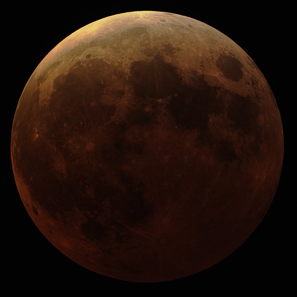 Fully-eclipsed moon seen using Celestron RASA 8 and ZWO ASI183MC
